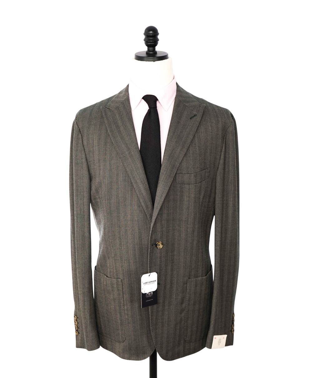 $1,395 ELEVENTY - Dark Green Herringbone Wool Blazer - 46